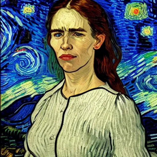 Prompt: detailed portrait of jacinda ardern as an 1890s peasant milkmaid sitting in her bedroom on a starry night painted by van gogh