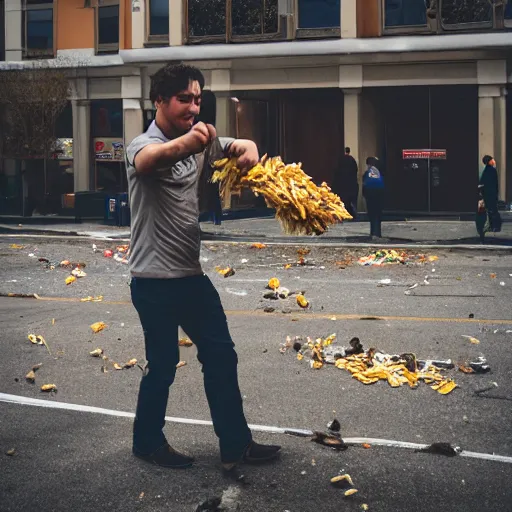 Image similar to A photo of a guy throwing out a bunch of forks into a trash can. Taken with a Canon EOS 5D.