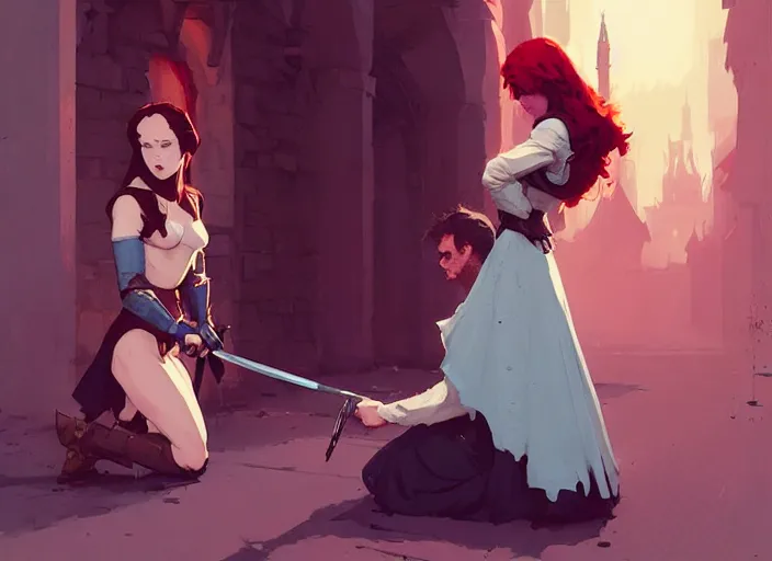 Prompt: brunette assassin knelt before the red - haired queen, medieval times by atey ghailan, by greg rutkowski, by greg tocchini, by james gilleard, by joe fenton, by kaethe butcher, dynamic lighting, gradient light blue, brown, blonde cream and white color scheme, grunge aesthetic