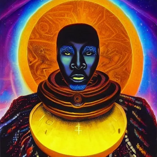 Image similar to afrofuturistic techno - mage uploading ancestral knowledge to the uni - mind interface, dark fantasy, occult, high - quality surrealist painting
