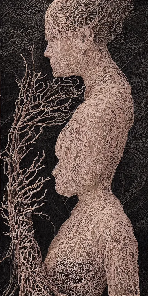 Prompt: a woman entwined in a coral reef, made of intricate decorative lace leaf skeleton, in the style of the dutch masters and gregory crewdson, dark and moody