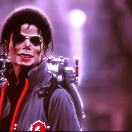 Image similar to stunning awe inspiring michael jackson as a ghostbuster in the movie ghostbusters, movie still 8 k hdr atmospheric lighting