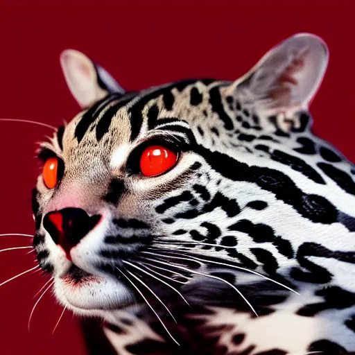 Prompt: profile shot of a black and red ocelot with black background, dramatic, cinematic, high contrast, octane render, 4k