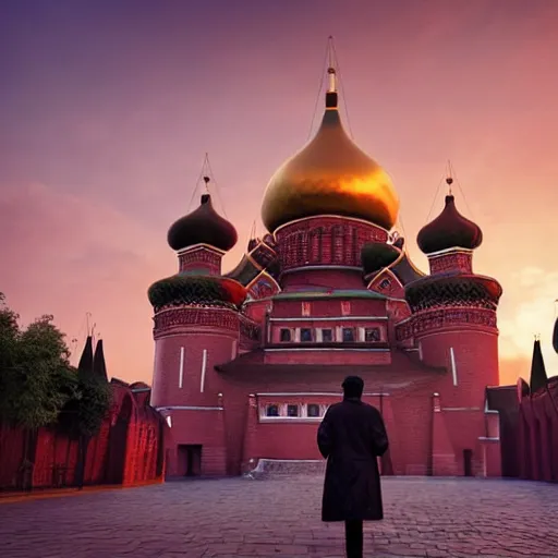 Prompt: chinese - style kremlin and chinese st. basil's cathedral on wide stone square at gentle dawn, a huge portrait of mao on the kremlin wall, at gentle dawn pink light, rossdraws, artgerm, norman rockwell, emiliano ponzi, epic composition, hd, octane, unreal engine, volumetric lighting, light rays, masterpiece, award - winning