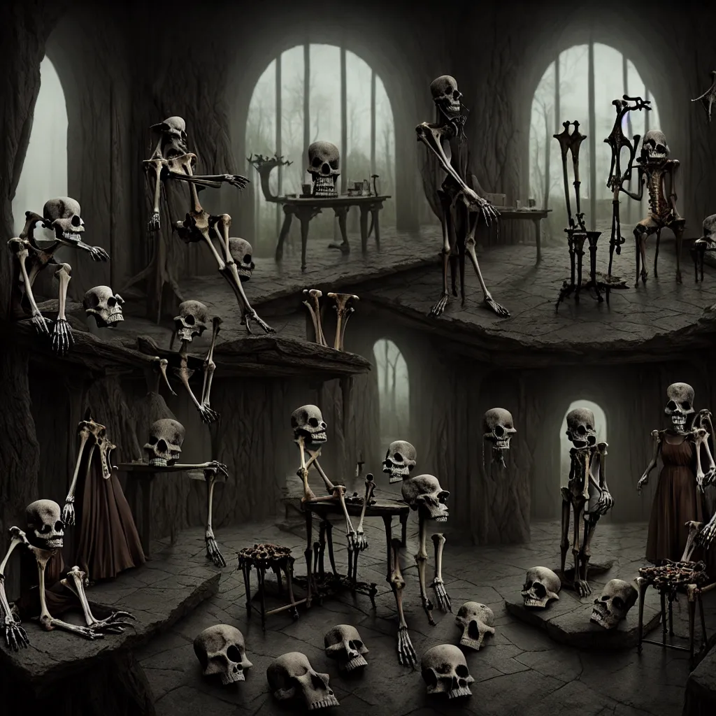 Prompt: evil witches wearing animal bones, bones, inside stone home, a detailed matte painting, fantasy, foggy, dark, 8 k