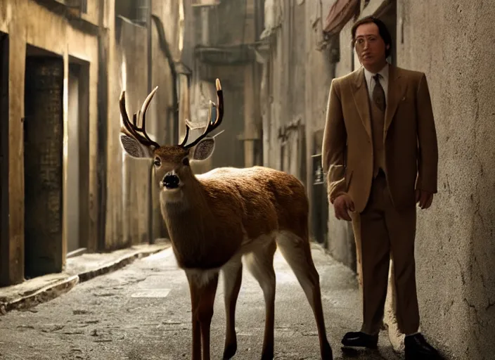 Image similar to a very high resolution image from a new movie, two deer wearing suits, in a narrow chinese alley, dark light long shadow beatiful backgrounds, dramatic lighting, directed by wes anderson