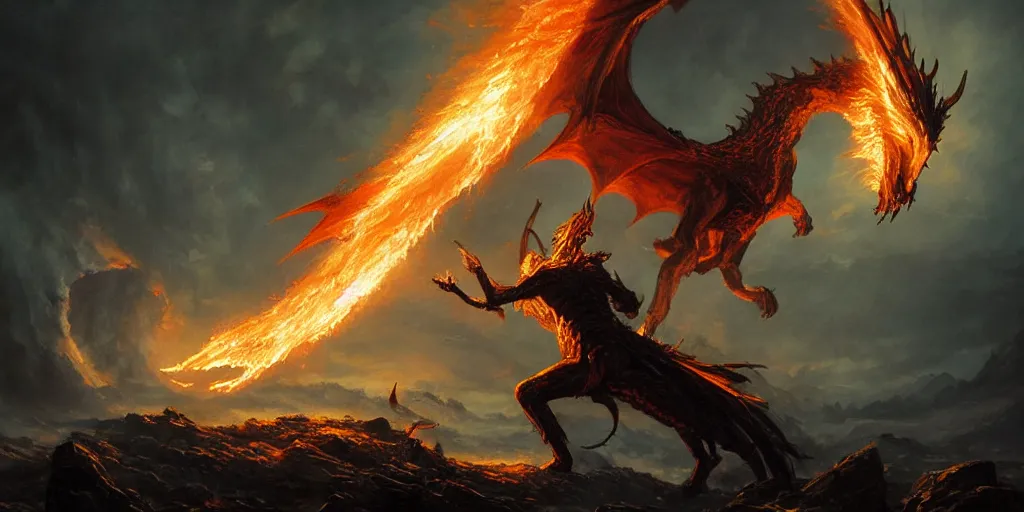 Prompt: Sauron fighting a dragon spitting fire, the lord of the rings, backlighting, oil painting, by Greg Rutkowski