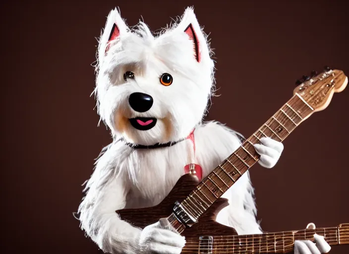 Prompt: photo still of an anthropomorphic westie!!!!!!! shredding a guitar on stage, 8 k, 8 5 mm f 1. 8, studio lighting, rim light, right side key light