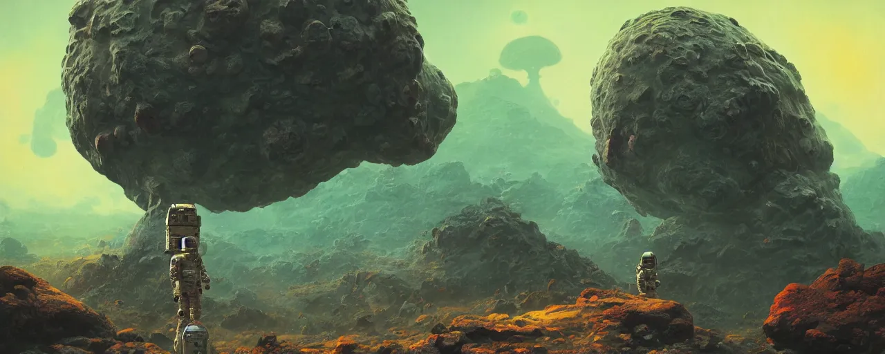 Image similar to ” asteroid with a giant roughly chiseled stone statue of an astronaut, [ by paul lehr, cinematic, detailed, epic, widescreen, opening, establishing, mattepainting, photorealistic, realistic textures, octane render ] ”