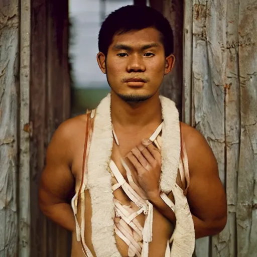 Prompt: A young pre-colonial Filipino man in his 20s wearing traditional costume with a big pregnant belly, photographed by Steve McCurry