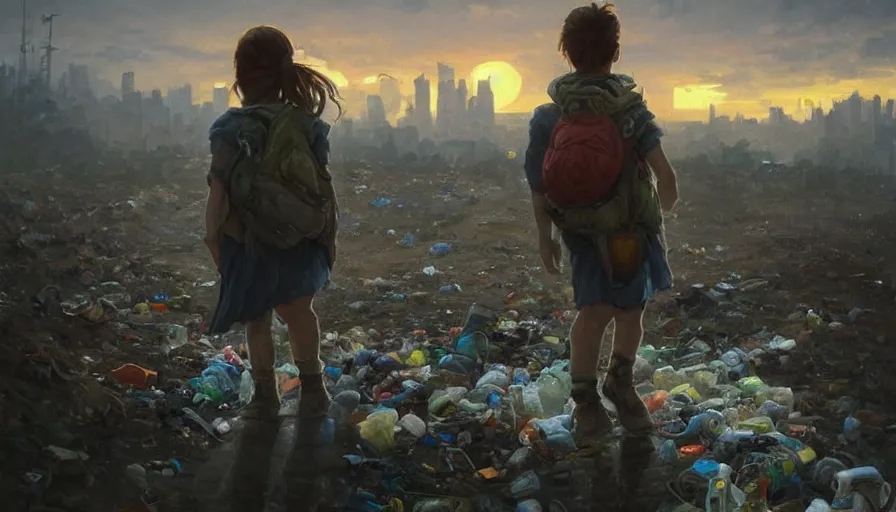 Image similar to poor detailed child with backpack looking for food at garbage dump, city is pure wasteland, moody sunset in background, greg rutkowski, alphonse mucha, trending on artstation, artgerm, unreal engine, breathtaking, award winning, highly detailed