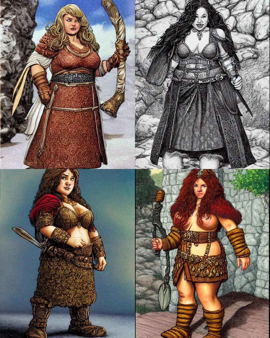 Prompt: female dwarven noblewoman, chubby short stature, elaborate hair, by larry elmore