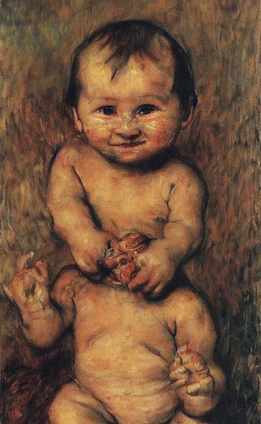 Image similar to Putin as a baby eating used up diapers covered in brown substance, Putin portrait, face of fear, ugly body painted by Lucian Freud, Ilya Repin