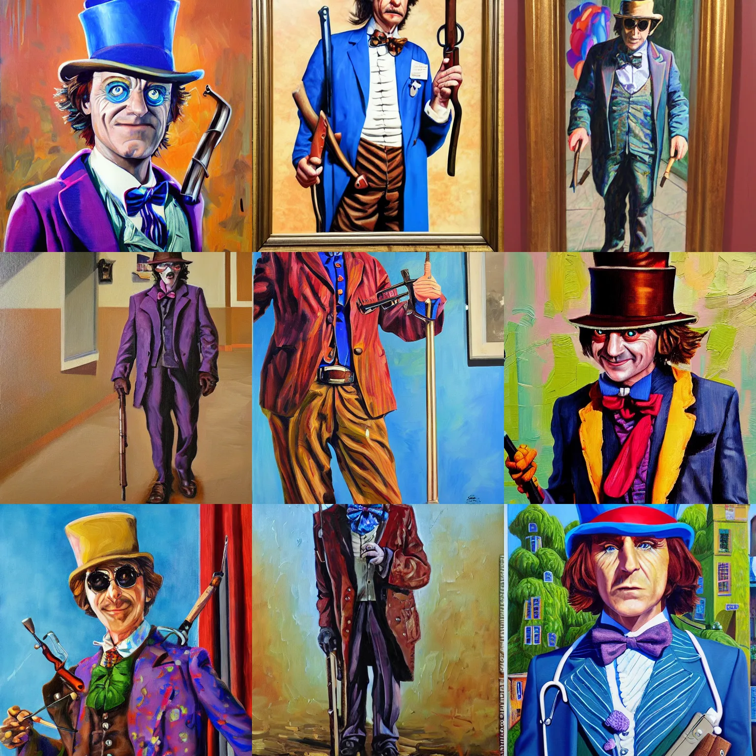 Prompt: Doctor House with an AK 47 walking stick, dressed up as willy wonka, high detail, oil on canvas