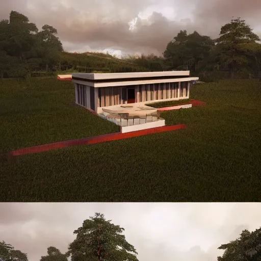 Image similar to rectangular modernist house inspired by a tibetan palace, atrium, two levels, in a field, big trees, clouds, dramatic lighting, artstation, matte painting, raphael lacoste, simon stalenhag, frank lloyd wright, drone view