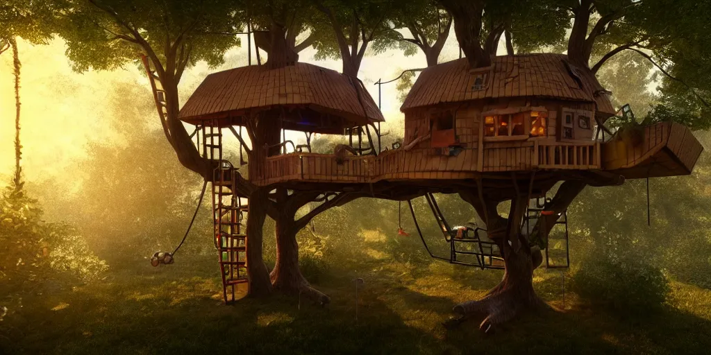 Prompt: in a cardboard treehouse, highly detailed, 8 k, hdr, award - winning, octane render, artstation, volumetric lighting