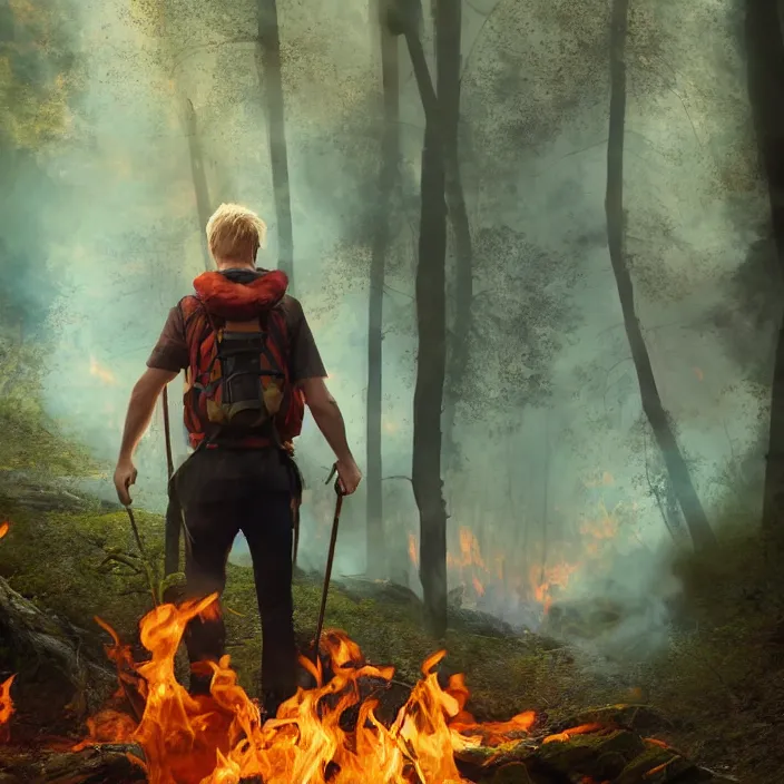 Image similar to happy blonde english man hiking a beautiful path through a forest ablaze on fire, fluent composition, concept art, ambient light, 4 k, intricate details, highly professionally detailed, cgsociety, highly detailed