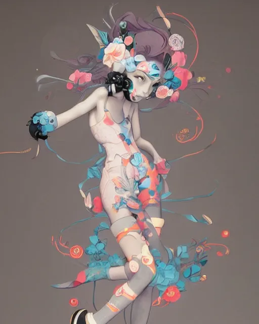 Prompt: james jean isolated vinyl figure harajuku girl character design, figure photography, dynamic pose, holographic undertones, glitter accents on figure, anime stylized, accurate fictional proportions, high delicate defined details, ethereal lighting