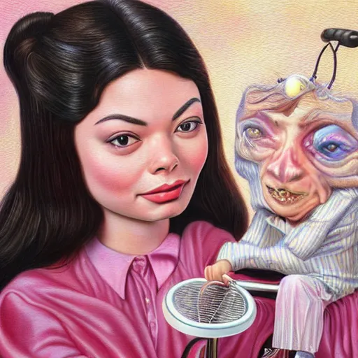 Prompt: Miranda Cosgrove on a tricycle, lowbrow painting by Mark Ryden and Artgerm