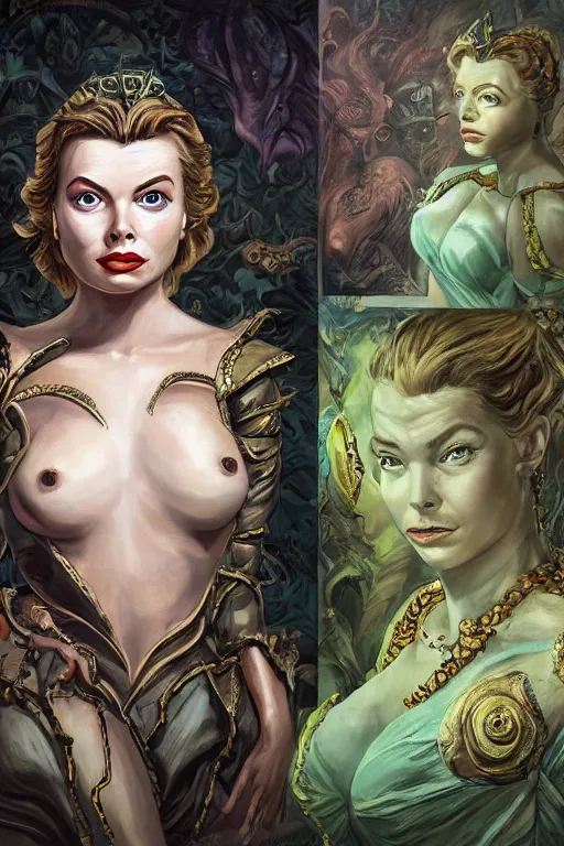 Image similar to A fantasy comic book style portrait painting of Ingrid Bergman, Anya Taylor-Joy, Cory Chase, hybrid, as an Atlantean Reptilian Warrior, François Boucher, Oil Painting, Mystical Valkyrie, unreal 5, DAZ, hyperrealistic, octane render, Regal, Refined, Detailed Digital Art, RPG portrait, Michael Cheval, Walt Disney (1937), William-Adolphe Bouguereau, Steampunk, dynamic lighting, Highly Detailed, Cinematic Lighting, Unreal Engine, 8k, HD