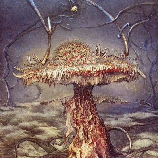 Prompt: strange mushroom by beksinski, luis royo and arthur rackham