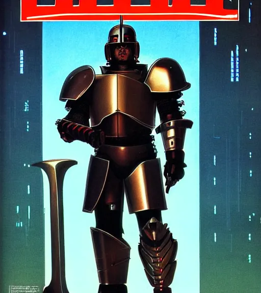 Image similar to a large cyberpunk paladin in rounded heavy plate armor with large shoulder pads and a spartan helmet wearing a crusaders helmet he is holding a large axe in a cyberpunk setting, 1 9 7 9 omni magazine cover, style by vincent di fate, artgerm, cyberpunk 2 0 7 7, very coherent, detailed, 4 k resolution, unreal engine, daz