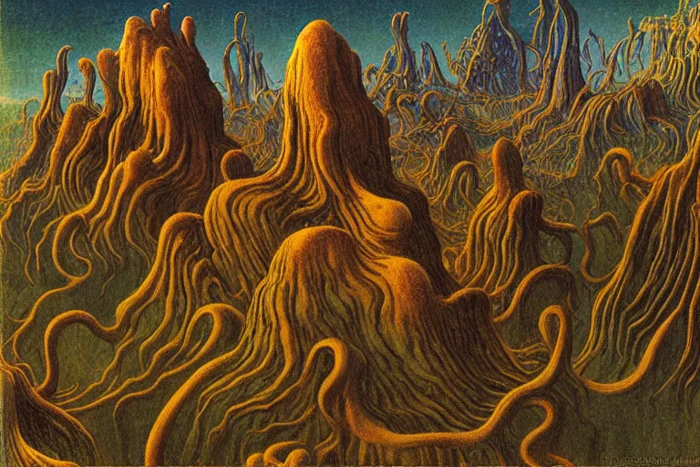 Prompt: lovecraftian landscape, another world by Jean Delville and Roger Dean