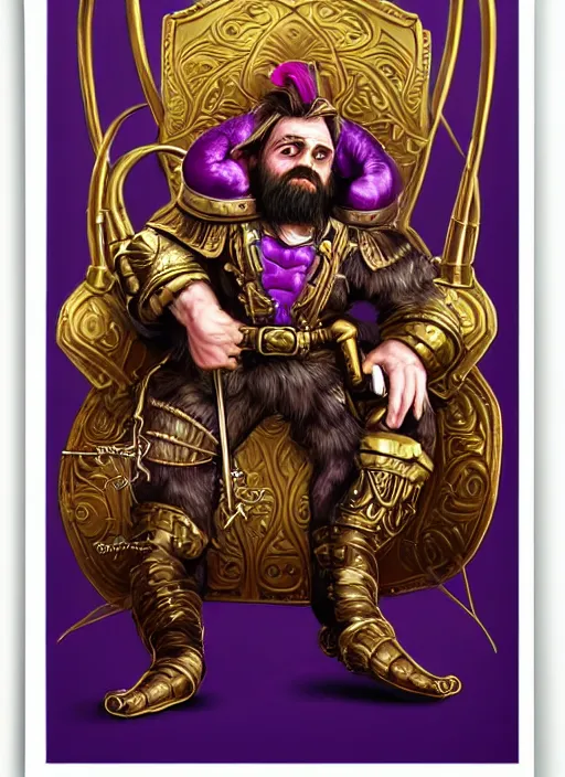 Image similar to dwarf fighter sitting in mechanical chair that has spider legs, gold and purple, exquisite details, black beard, white background, by studio muti