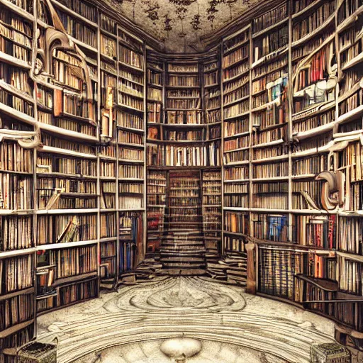 Prompt: inside of an old mythical library of torned books on bookshelves, fantasy, grunge, dark arts, detailed hyper-realistic, intricate, octane render, insane details