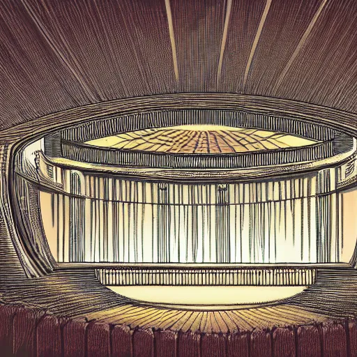 Prompt: landscape architect art of a large ominous theatre with a large center - stage lit by the sunlight of a skylight dome above the stage, detailed illustration