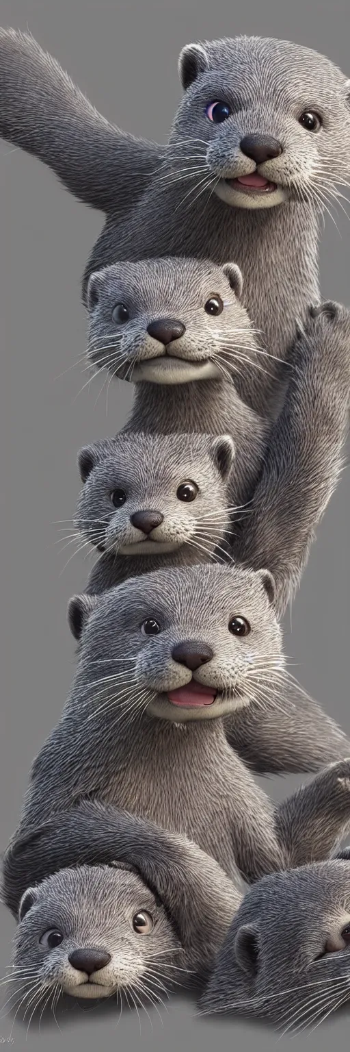 Image similar to portrait of lots of cute gray otters in the style of zootopia. volumetric lighting, subsurface scattering, hyperrealistic, render, hyperdetailed