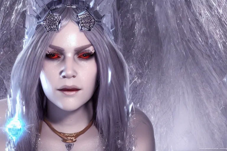 Image similar to HD render of Malevolent Ice Queen with round ice crystals on forehead in the style of Artstation, Unreal Engine, photorealistic, reflective