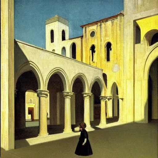 Image similar to in the distance, a little girl with short black hair and wearing a yellow coat alone in the inner courtyard of a cloister in an abbey, the light is bright and wintry, painting by hopper and de chirico