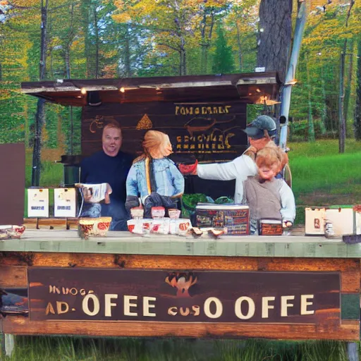 Image similar to a family of moose selling coffee at a stand in new hampshire, realistic, 8 k