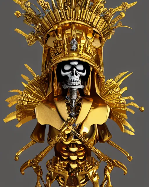 Prompt: a skeleton wearing a gold headdress and a gold crown, a 3D render by Friedrich Traffelet, zbrush central contest winner, vanitas, apocalypse art, ornate, darksynth