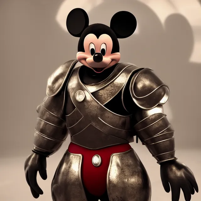 Image similar to ultra realistic mickey mouse wearing heavy armour, dark cinematic, volumetric, realistic, 3 d render, realistic render, cinematic lighting, volumetric lighting, atmospheric, cinematic, unreal engine 5, unreal engine render, octane render, hd, photorealism, hyper realistic, photo, 8 k