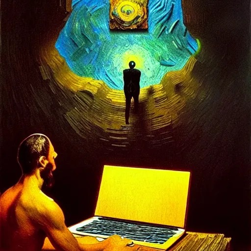 Image similar to A man programs A.I. on a laptop in a climbing gym - award-winning digital artwork by Salvador Dali, Beksiński, Van Gogh and Monet. Stunning lighting