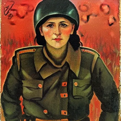 Image similar to soviet painting of female soviet partisan by isaak brodsky, walter womacka, czeslaw znamierowski, vladimir pchelin, kuzma petrov - vodkin, igor berezovsky