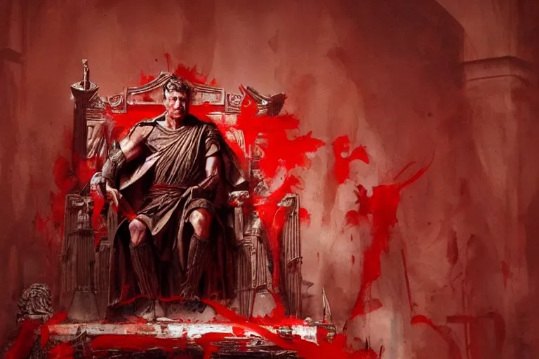 Prompt: the end is near. a tired julius caesar is sitting on his throne. face is highly detailed. splices of red are running down his toga. mist. color scheme red. low angle medium shot. imagined by greg rutkowski and craig mullins