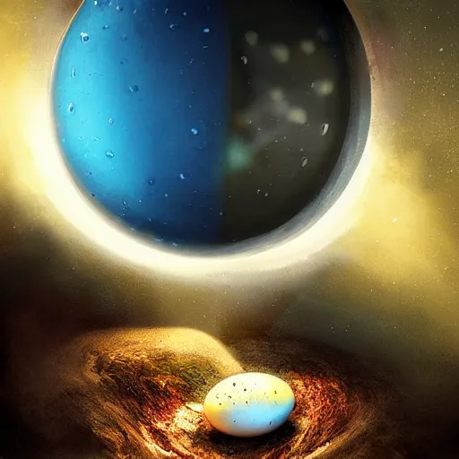 Image similar to an egg bigger than a planet cracks open and the gooey earth slowly drips out. digital art, dramatic lighting, comedy, science fiction, concept art, epic fantasy, surreal. cosmos