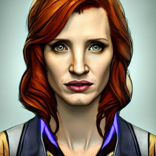 Image similar to jessica chastain portrait, borderlands, tales from the borderlands, the wolf among us, comic, cinematic lighting, studio quality, 8 k