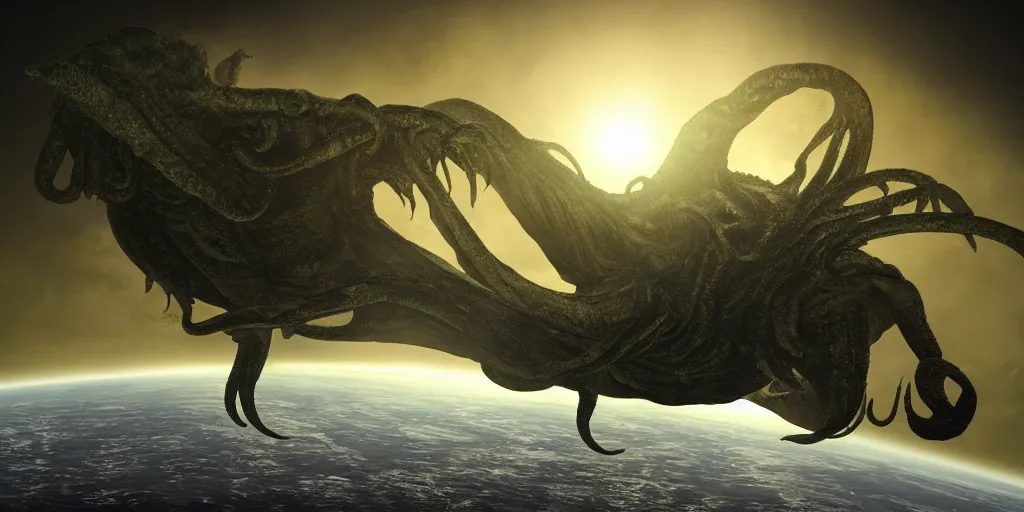Image similar to giant Cthulhu silhouetted on top of jetfighter spaceship, photorealistic, wide-angle, long shot, epic, space, lunar backdrop