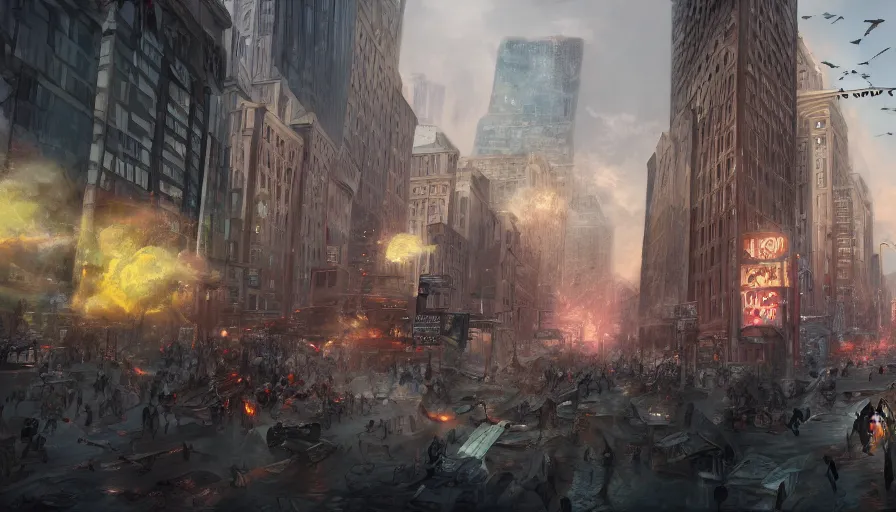 Prompt: Digital painting of people fleeing a giant monster attack in the streets in Chicago, hyperdetailed, artstation, cgsociety, 8k