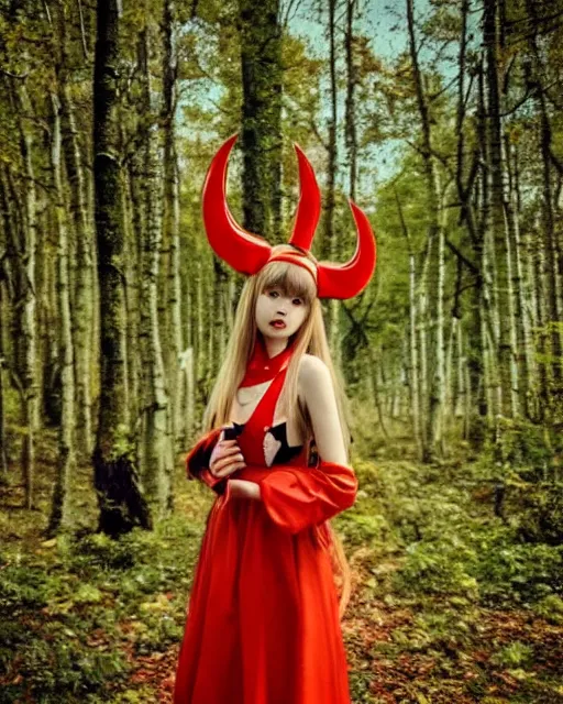 Image similar to dreamy tiktok iPhone photo of beautiful Asuka Langley from evangelion dressed as a slavic priestess in holy birch forest in spring, 35mm, cinematic, trending on Instagram, 8k, 4k