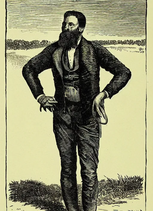 Image similar to 19th century wood-engraving of a man stand in front of a field looking confused, whole page illustration from Jules Verne book, art by Édouard Riou Jules Férat and Henri de Montaut, frontal portrait, high quality, beautiful, highly detailed, removed watermarks