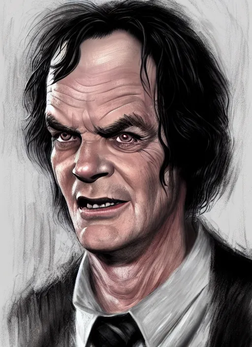 Image similar to young jack nicholson as jack torrance from the shining ( 1 9 8 0 ) portrait illustrated by rossdraws, calm depressed expression, vivid colors, soft lighting, digital artwork 4 k, best of artstation