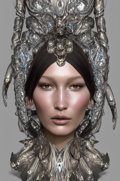 Image similar to a highly detailed portrait of a beautiful alien goddess bella hadid in iris van herpen dress in diamonds in style of alphonse mucha art nuvo trending on artstation made in unreal engine 4