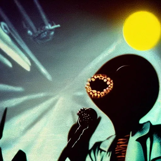 Image similar to hyperrealistic image of alien singing at a rock concert in the 1 9 6 0 s