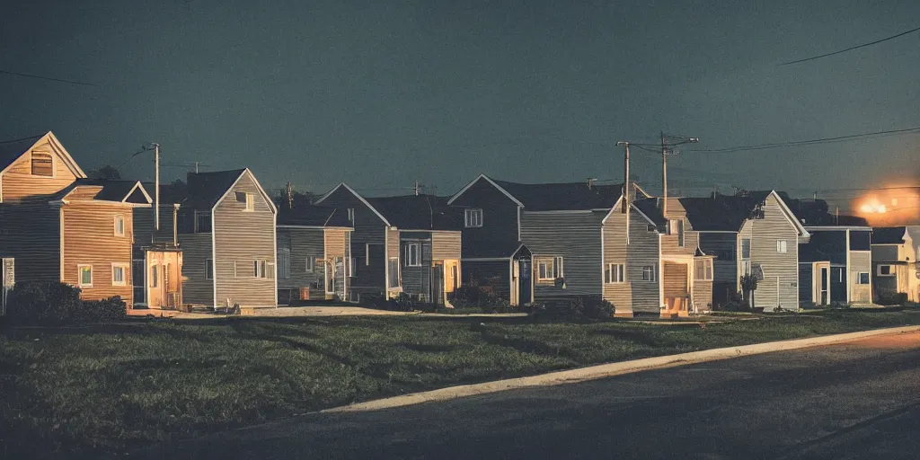Prompt: small suburban houses in America at night by Wes Anderson, fantasy, moody lighting, dark mood, imagination, cinematic