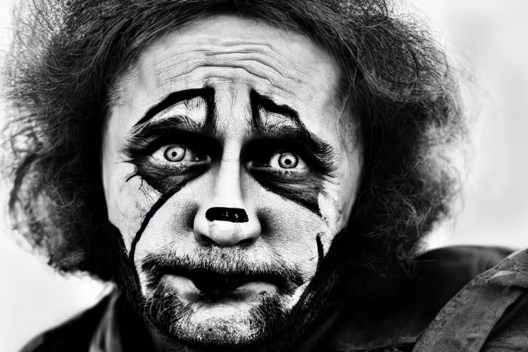 Image similar to putin as a homeless clown. portrait. gritty black and white photograph.